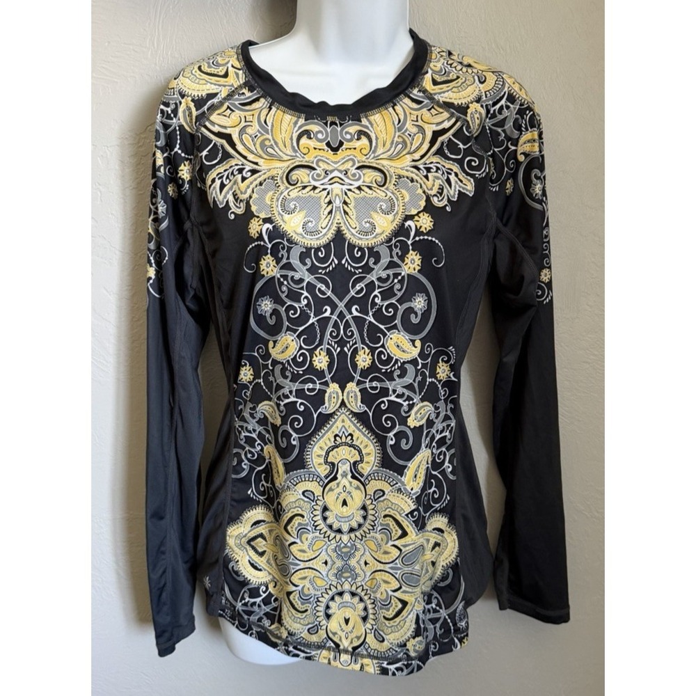 Athleta Runaway Top Womens Medium Gray Yellow Stretch Long Sleeve Shirt Athletic